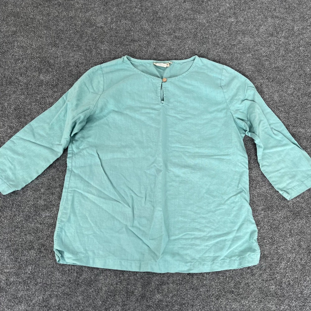 Orchadia Casuals Seafoam Green Cotton Blend 3/4 Sleeve Button Neck Blouse L
